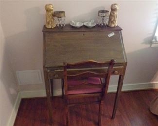 Small primitive desk , upholstered walnut chair