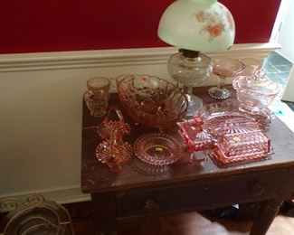 primitive table, depression glasss, Aladdin Lamp