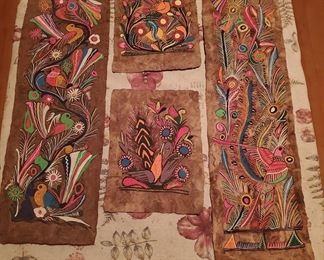 Truly incredible unframed Mexican amate bark paper paintings!  (2) 8x36 (2) 9x12.  $80 and $40 each, respectively.