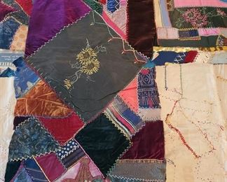 This crazy quilt was started circa 1900 by our friend client's great-grandmother, using Victorian era clothing swatches!  Work continued into the 20s by 3 generations of quilters but has sat unfinished for nearly a century!  

NOTE: The quilt is still in strips and pieces, making it very difficult to determine the size.  For scale, that table top is 48" across (top to bottom in pics.)

This one is for post graduate level quilters only!  It has the potential to be a museum quality piece, IF we can find the right person to finish it. $300 firm.
