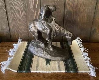 Native American On A Horse Statue With Little Rug