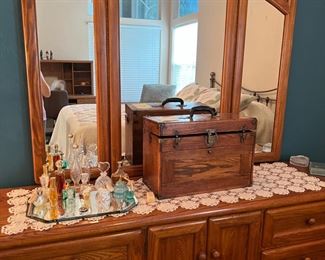 Dresser with mirror, perfume bottle collection, nice old jewelry box