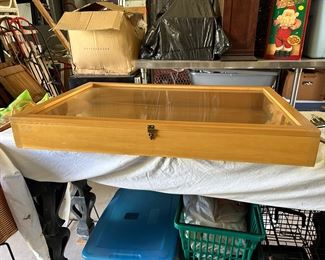 Wooden display case with hinged glass front door.                                      36" W x 24" L x 4.5" D                                                                                                  $45