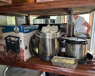 Various Cooking pots $5                                                                                          Frier stand (in box) $20                                                                             Baking pan $1