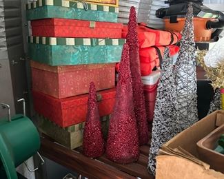 Christmas boxes - $2 each                                                                                         Red Christmas trees decor (set of 3) (some damage) $5                  White Christmas trees decor (set of 3) $10
