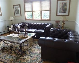 Chesterfield leather tufted sofa and oversized club chair