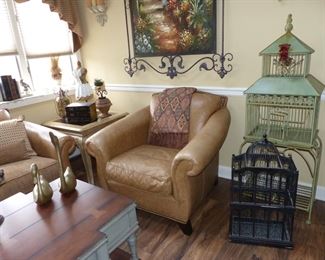 Leather & fabric sofa & oversized club chair