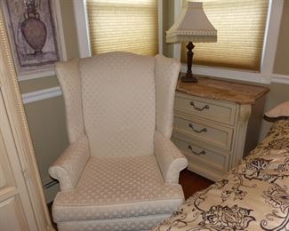 Wing chair & pair of Thomasville night tables