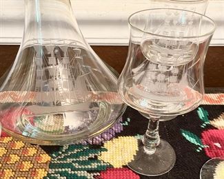 Excellent Vintage Etched Schooner Ship Decanter and matching glasses