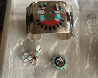 Silver Natachu Zuni bracelet and matching pins 