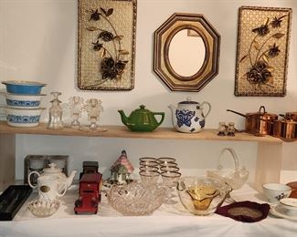 vintage pyrex , corning ware, crystal , tea pots