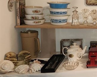 shells, carving set, wood cars, 2 candle holders,