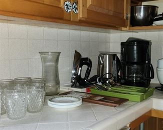 crystal glasses, coffee maker, mixer 