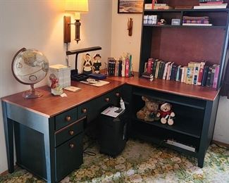 Corner desk, books, paper shredder