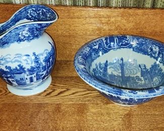 Flow Blue pitcher and bowl set 