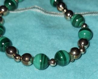 .925 Sterling Silver Green Malachite Bead Necklace 