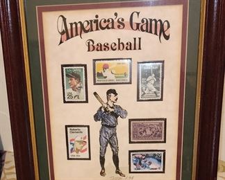 Framed baseball stamps.