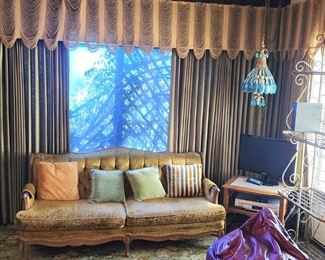 Vintage sofa green, 2 sets of matching drapes with valances included. 