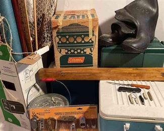 Cane Fishing Poles, Rods, Nets, Coolers, Coleman Heater, Boots, Knives, Multipurpose Tools