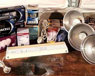 Three Overhead Clamp on Warehouse Lights, Small Portable Lamp Several Bulbs