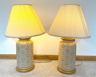Two Tan Floral Table Lamps with Wooden Base
