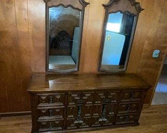 Vintage Mediterranean Dark Wood Dresser With Mirrors