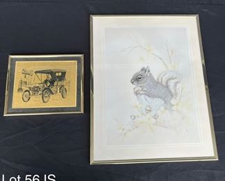 Vintage Gold Car Wooden Framed Print Squirrel Art