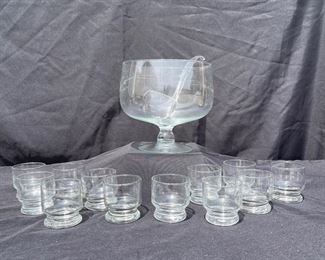 Handblown Crystal Glass Punch Bowl With 12 Cups