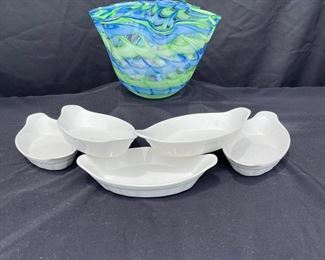 Hand Blown Art Glass Bowl With Blue Green Swirl Bowls