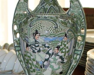 Japanese Satsuma Embossed Embellished  Vase with Handles