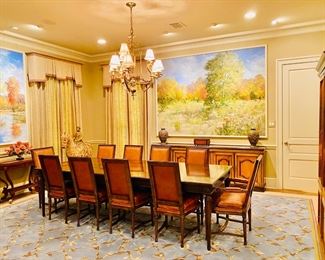 Parquet top mid century dining top and 10 Louis Phillipe style leather dining chairs 