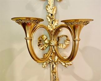 One of pair, double brass horn wall sconce 