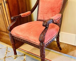 Carved mahogany velvet chair, one of pair