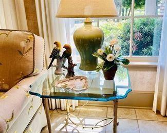 LaBarge brass and glass end table, one of pair