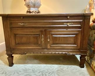 Italian style oak commode with tea slide, one of pair