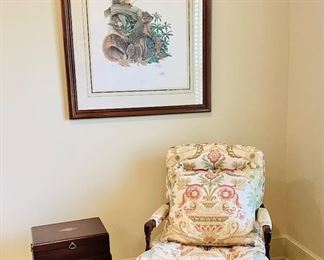 Custom upholstered chair, she’ll inlay English Regency style box on stand 