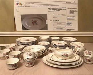 Extra large set of antique/vintage Keystone Canonsburg dinnerware with 8 piece place settings, serving bowls and platters, creamers and sugar bowls, salt and pepper shakers and a gravy boat.
