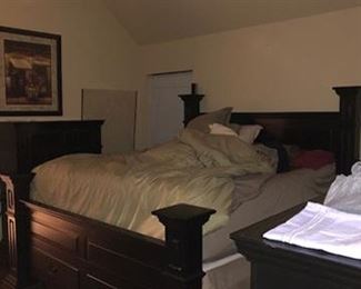 King size bed (matress not included), chest of drawers, dresser with mirror, 2 night stands.