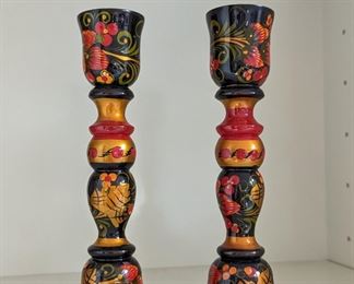 Khokhloma painted wooden candlestick holders