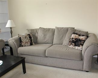 Sleeper Sofa and Pillows, End and Coffee Table, Lamps