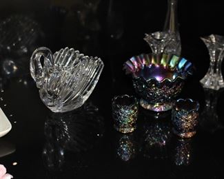 Art Glass Swan, Candle Holders, Carnival Glass