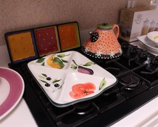 Colorful Serving Dish and Tea Pot