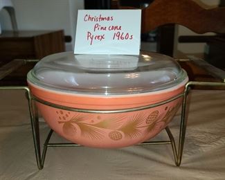 MCM Pyrex Christmas pinecone in caddy