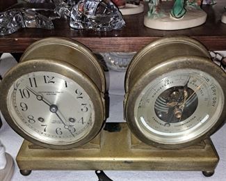 Vintage clocks. Abercrombie and Fitch "Chelsea" clock and barometer desk set w/ monogram JFK