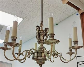 From Wyeth estate on Frederick Ave., silvered bronze 8 light chandelier with sterling cherubs 