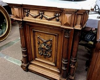 Great selection of antique furniture!! Antique marble top store cabinet w/ carved front!!