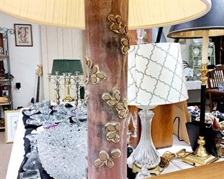 Vintage lamps made with industrial carved wood wallpaper print rollers