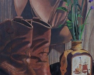 Brendel boots and cowboy hat oil painting 