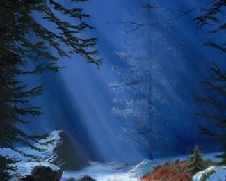 Sapphire glow oil painting of light in woods
