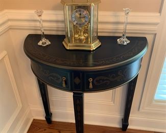 #4	Half Moon Black Entry Table w/3 legs & 2 swivel open drawers w/gold trim - 27Wx13Dx31T	 $75.00 			
